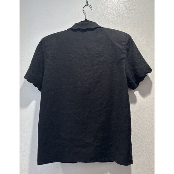 Vintage Oleg Cassini Linen Blouse Black Scalloped Button Front Short Sleeve - Picture 2 of 7